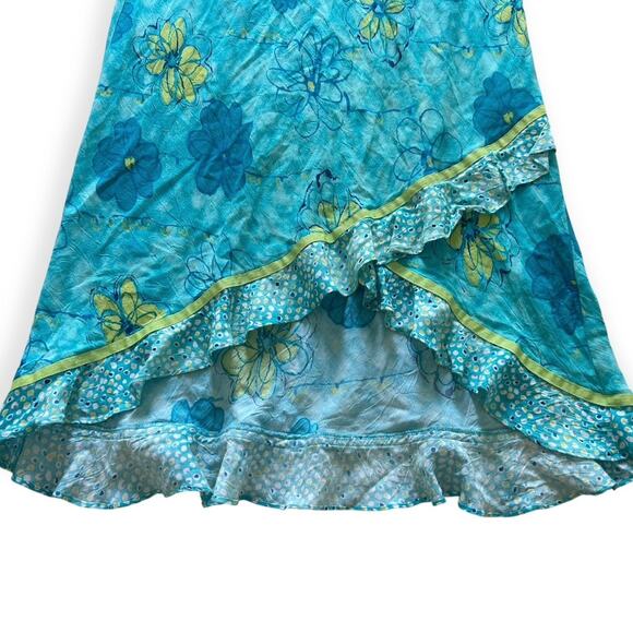 Vintage Y2K Anne Carson Ruffled High Low Slip Skirt Blue Lime Green Floral  L - Picture 6 of 7